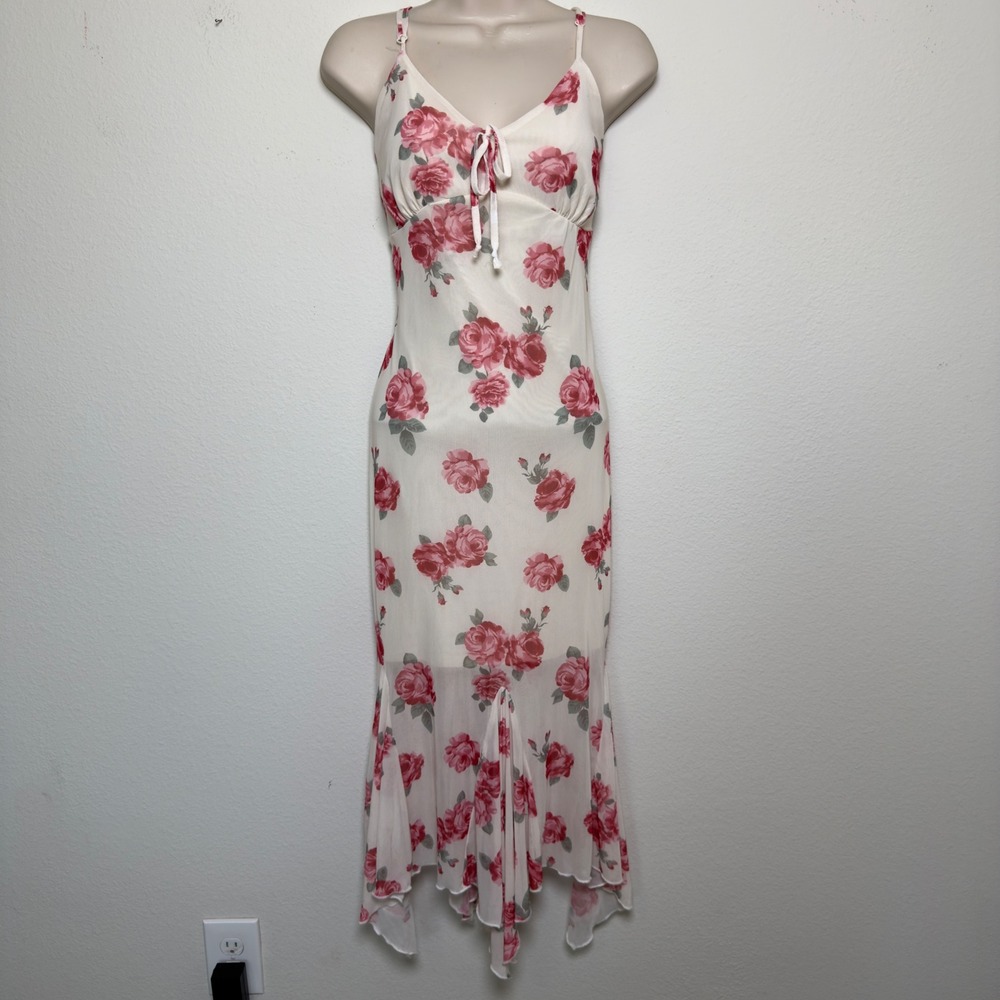 No Comment Women Fairy Midi Dress‎ Cream Pink Rose Floral Mesh Handkerchief Hem
